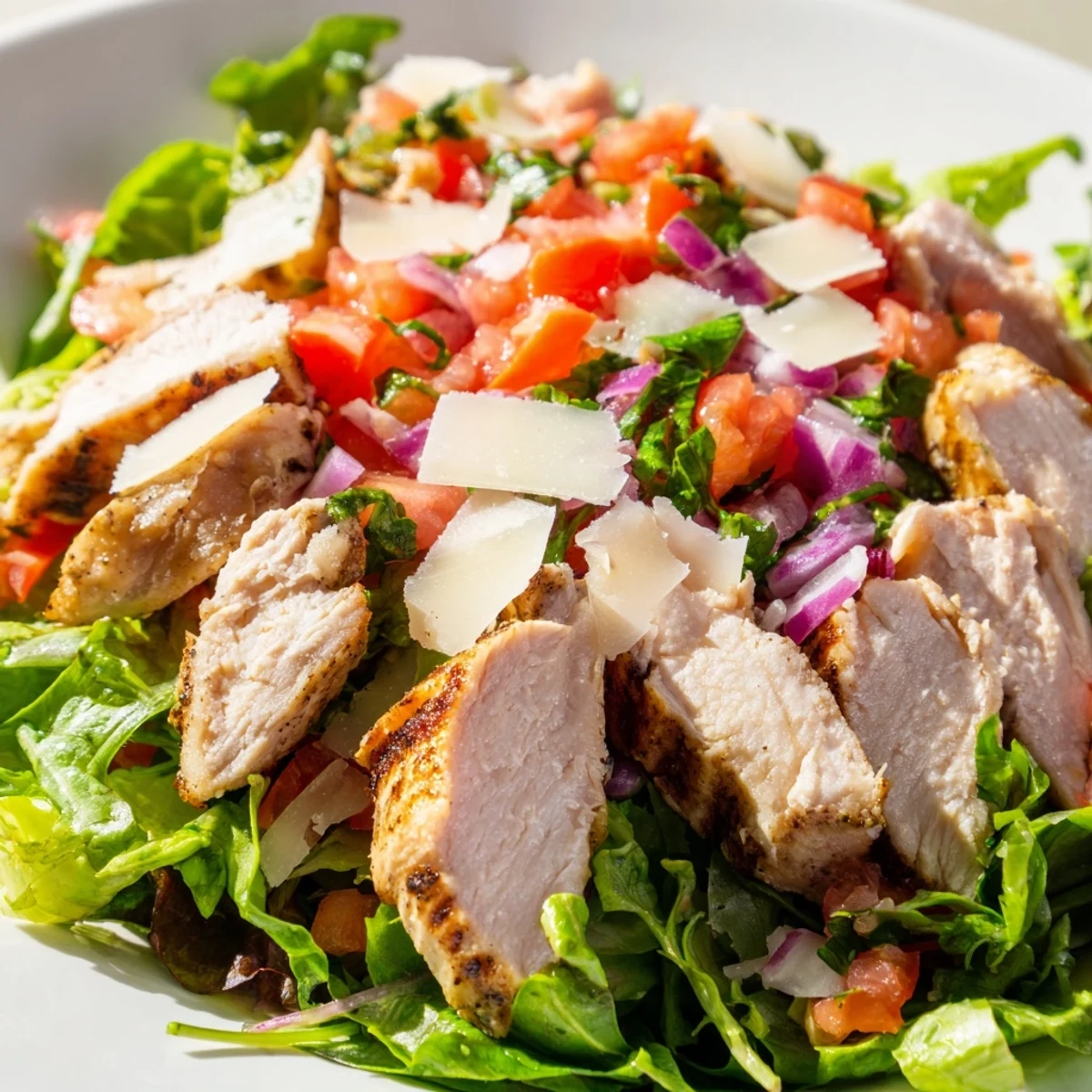 Freshly grilled chicken breast slices fanned over crisp mixed greens, topped with a juicy tomato-basil bruschetta mixture and shaved Parmesan.