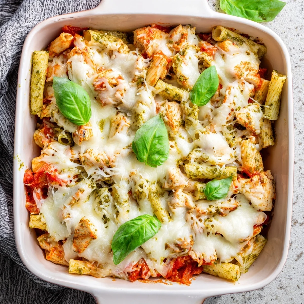 Golden-brown Pesto Chicken Pasta Bake fresh from the oven, featuring penne pasta tossed in vibrant basil pesto and marinara sauce, with tender chicken pieces and bubbling mozzarella cheese on top.