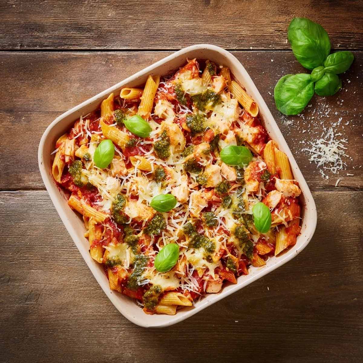 Close-up of Pesto Chicken Pasta Bake serving, showcasing al dente pasta mixed with chicken, rich tomato sauce, and melted mozzarella, ready to be scooped from the casserole dish.