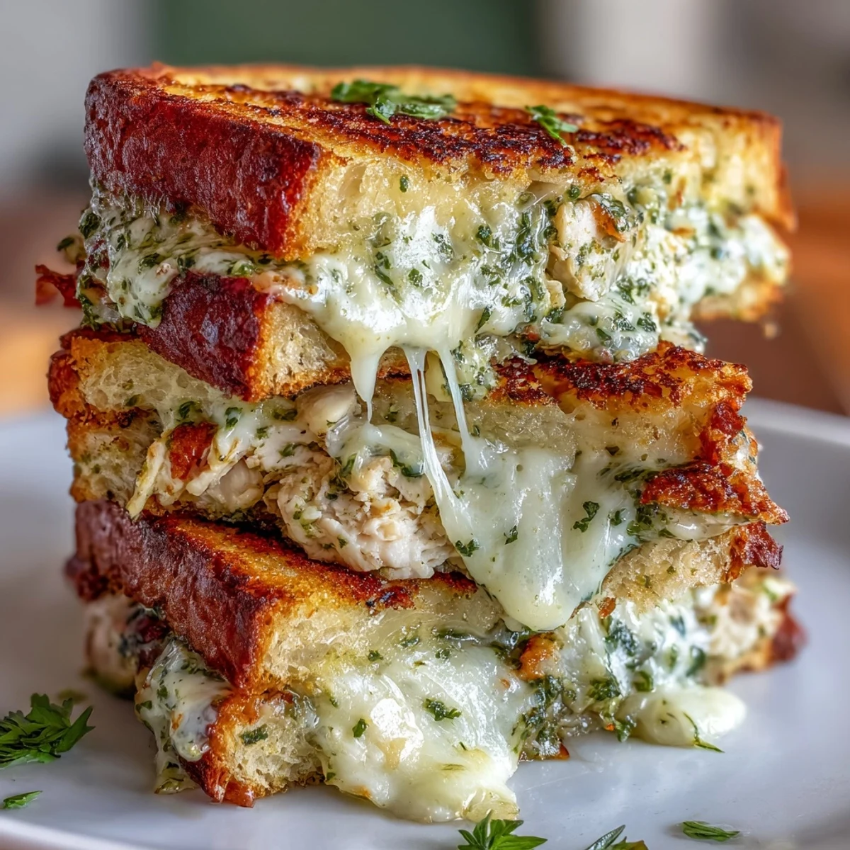 A close-up of golden, buttery sourdough bread oozing melted mozzarella and pesto chicken, perfect for a savory lunch.