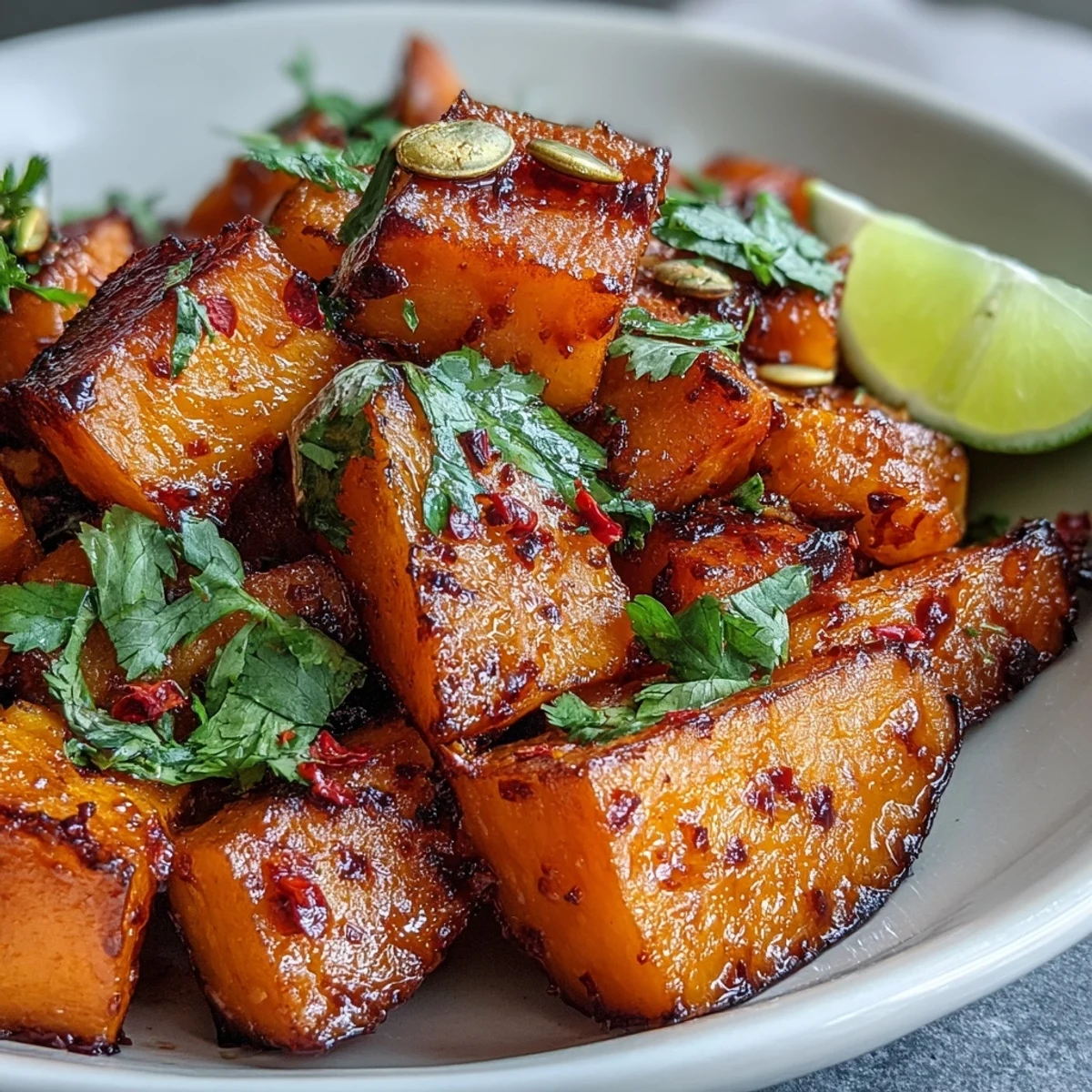 A bowl of Sweet and Spicy Red Kuri Squash, featuring caramelized squash cubes, wilted kale, and vibrant red onion slices garnished with pepitas and lime.