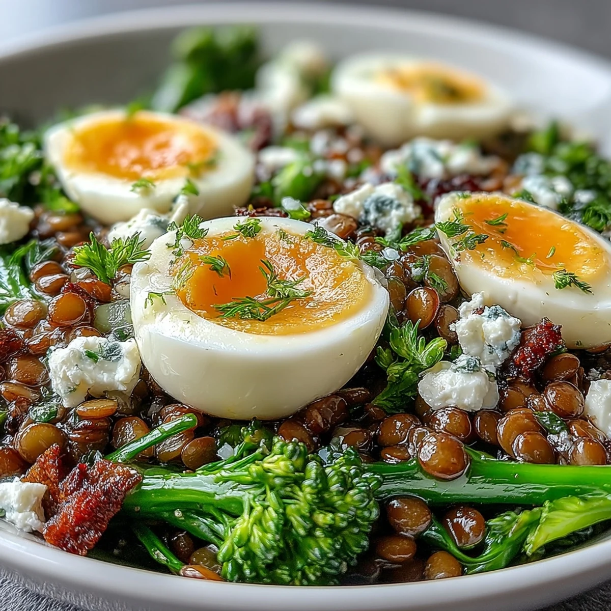 Warm French lentils and crisp-tender broccolini are topped with jammy soft-cooked eggs and a tangy Dijon vinaigrette.  