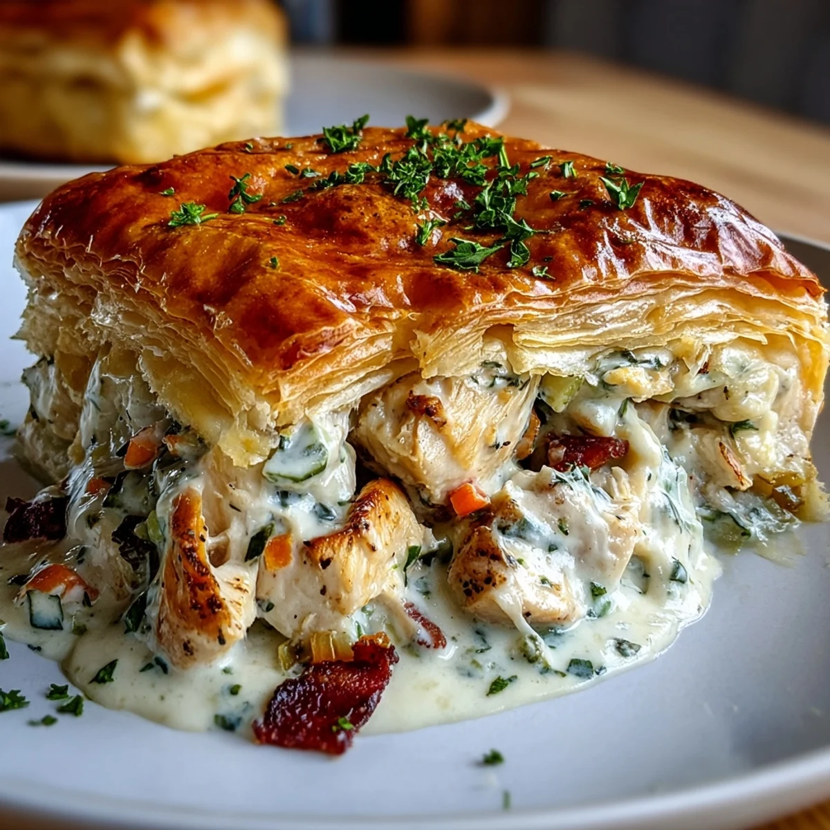 Golden-brown puff pastry covers a deep dish of creamy chicken and leek pie, garnished with fresh parsley.