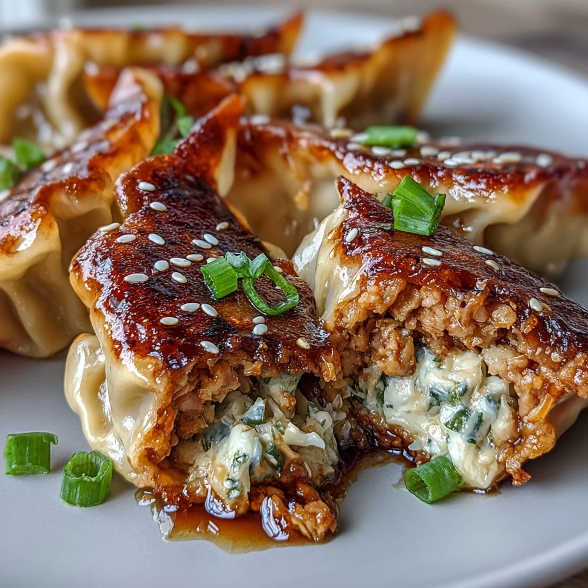 Golden-brown smashed gyozas sizzling in a skillet with a crispy, pan-fried bottom, served with a side of spicy dipping sauce.  