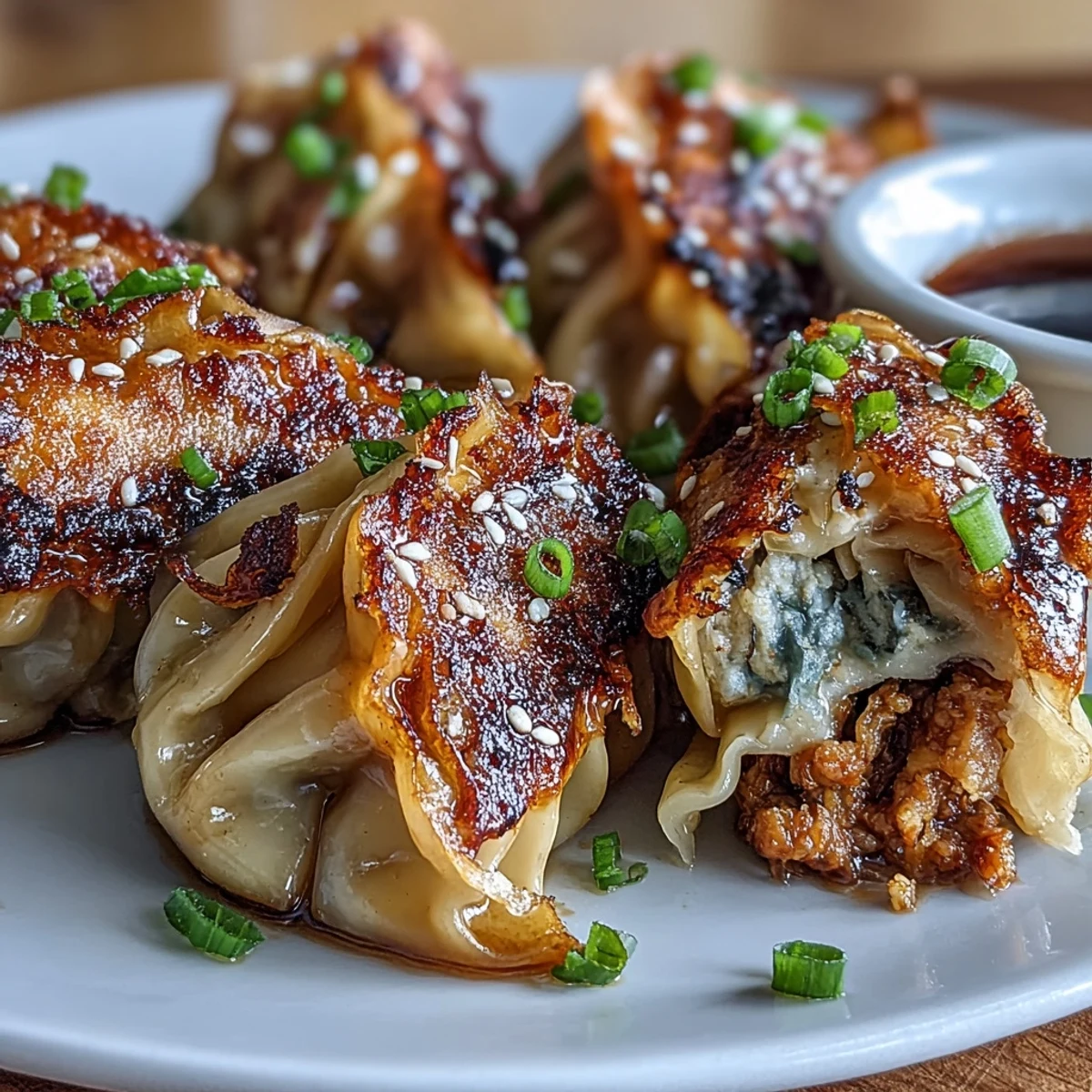A close-up of golden, crispy smashed gyozas on a white plate, garnished with green onions and sesame seeds.  