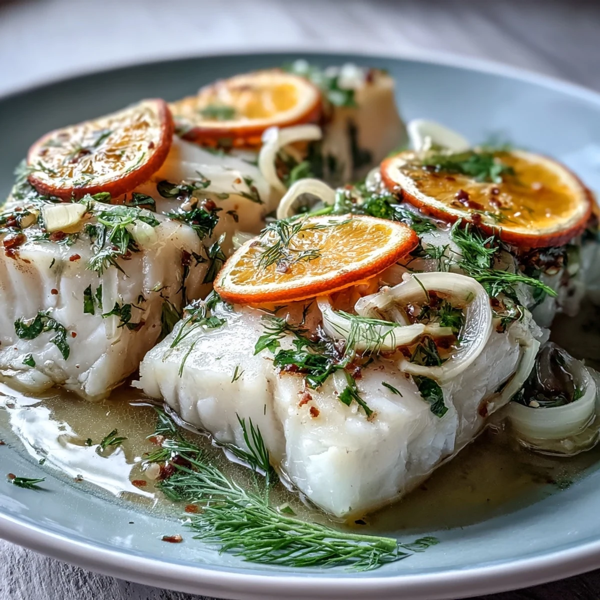 Close-up of Poached Cod With Fennel and Orange fillets resting in a fragrant broth with tender fennel slices and bright citrus.
