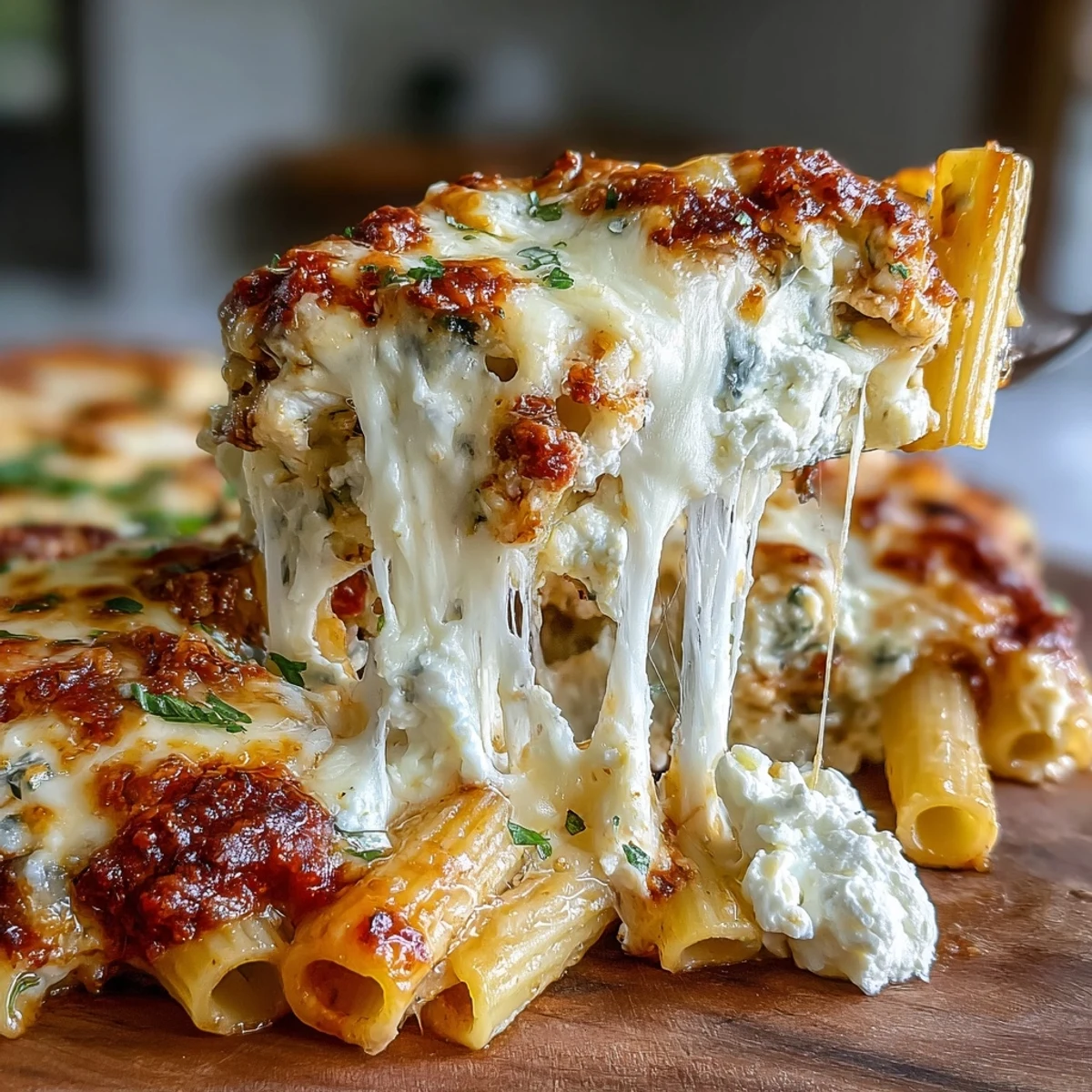 Golden bubbly Freezer Make-Ahead Baked Ziti fresh from the oven, featuring layers of ziti pasta, rich red tomato sauce, creamy ricotta, and melted mozzarella cheese on top.