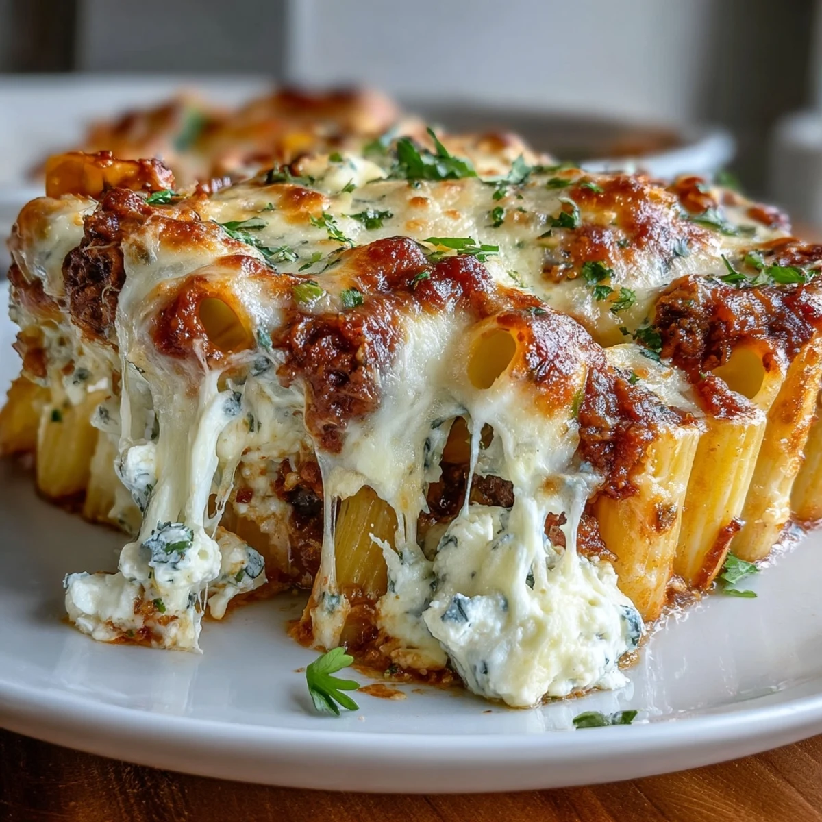 Freezer Make-Ahead Baked Ziti ready to serve, garnished with fresh basil leaves and paired with a crisp green salad and garlic bread for a complete meal.