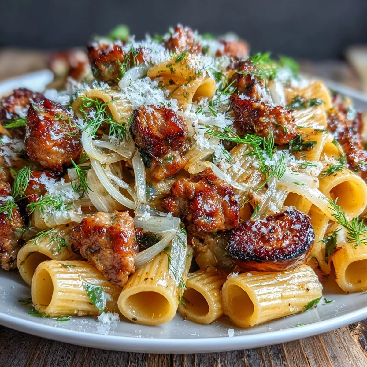 A rustic platter of Winter Pasta with Sausage and Fennel features sweet fennel slices and golden-brown sausage bits, garnished with fennel fronds.