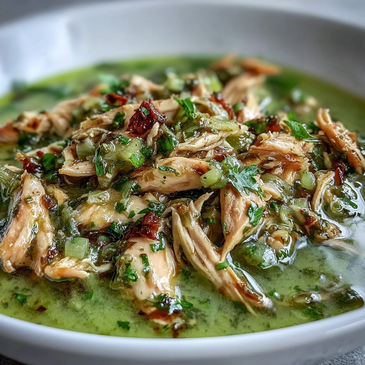 Steaming bowls of homemade Chicken Chili Verde feature tender shredded chicken in a bright green tomatillo salsa with diced avocado.