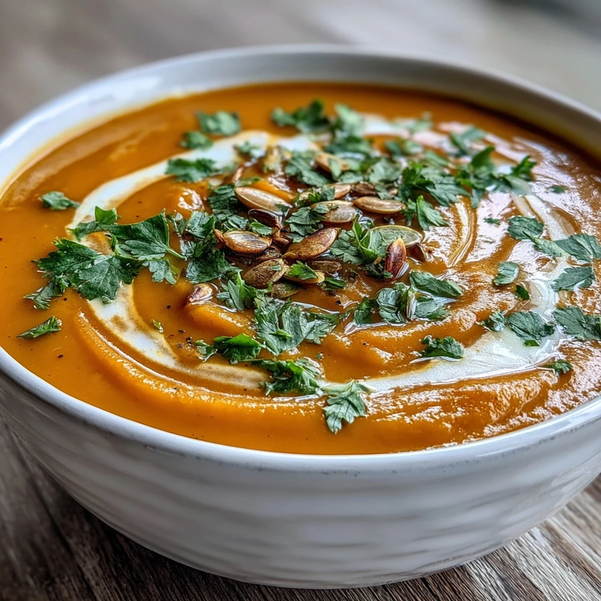 A warm bowl of homemade Carrot Ginger Soup garnished with fresh cilantro, its bright orange hue glowing against a rustic wooden table.  
