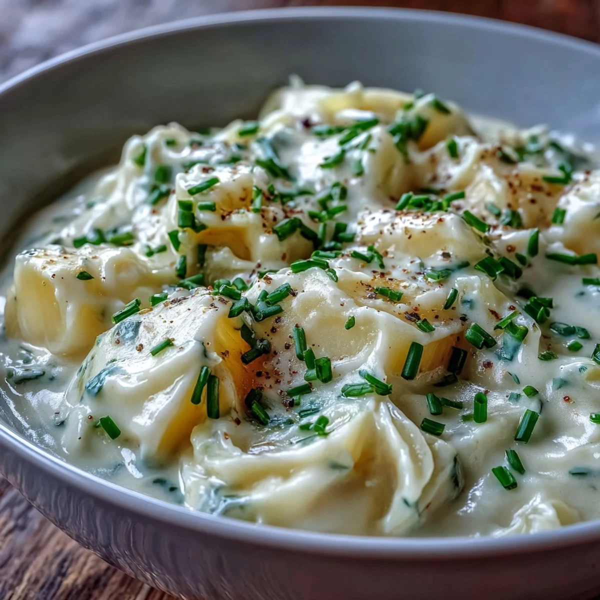 A bowl of creamy potato leek soup garnished with fresh chives, showcasing its smooth, velvety texture and comforting warmth.
