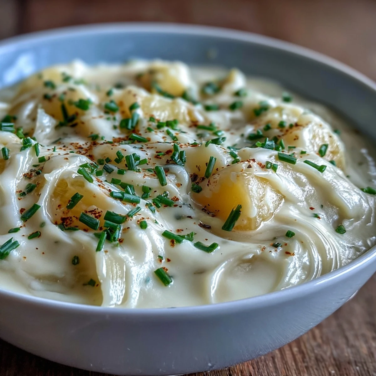 Steaming hot potato leek soup in a rustic ceramic bowl, with tender leeks and potatoes blended into a rich, savory base.