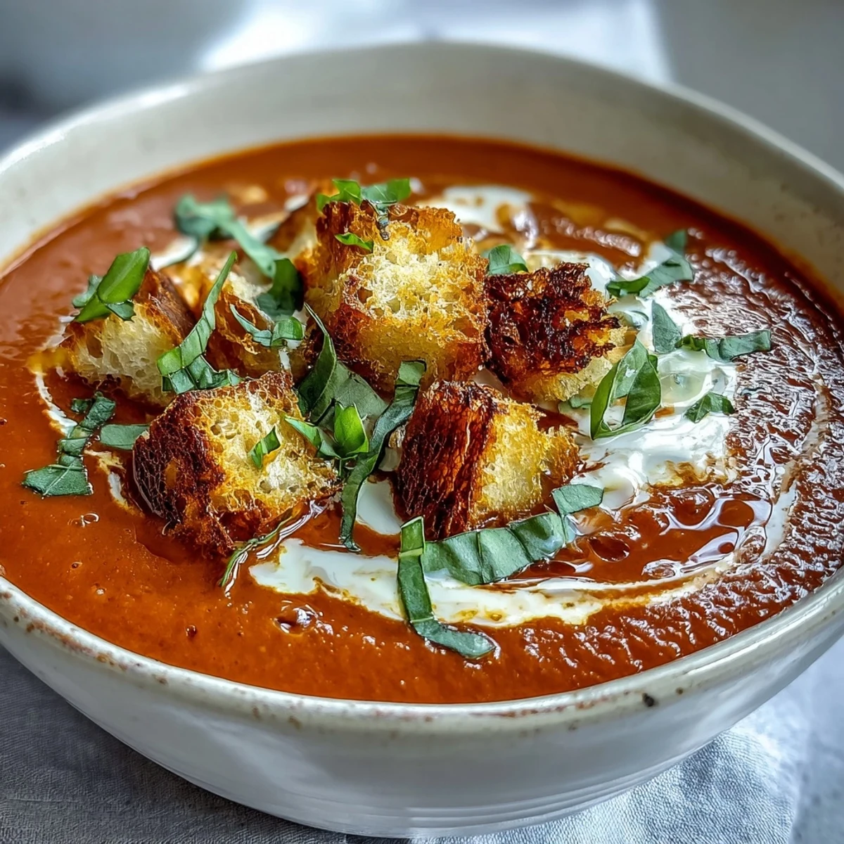 Velvety Creamy Roasted Tomato Soup topped with crispy croutons and fresh basil, ready to serve.