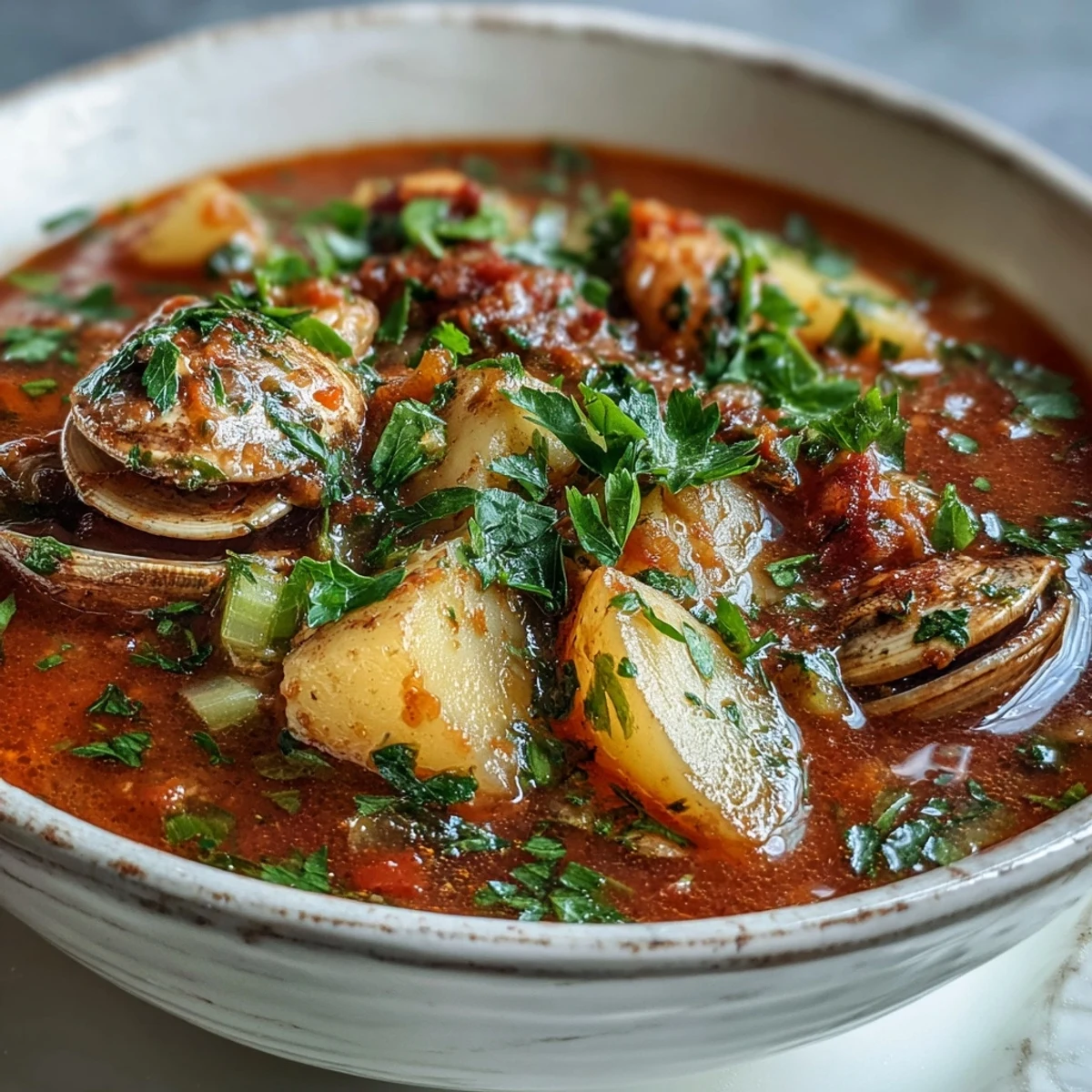 Manhattan clam chowder in a rustic bowl with tomatoes, potatoes, and chopped clams garnished with parsley.
