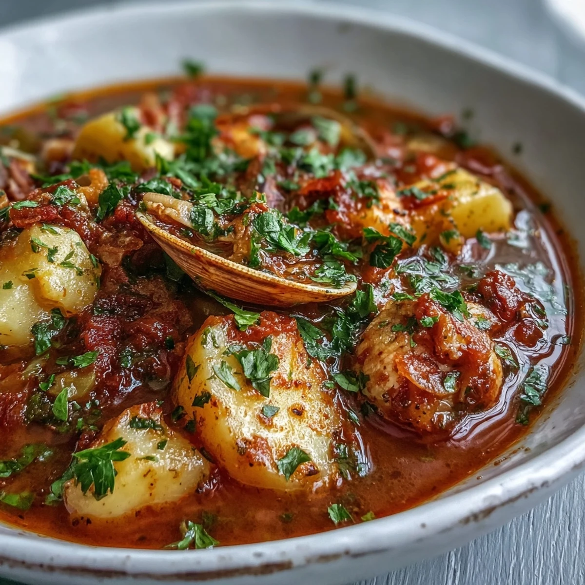 A hearty bowl of Manhattan clam chowder served with oyster crackers and a slice of crusty bread.