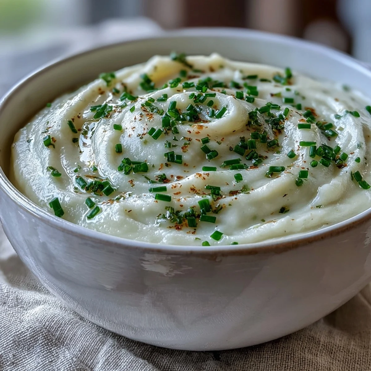 A bowl of creamy, homemade potato leek soup garnished with fresh chives and a swirl of cream.  