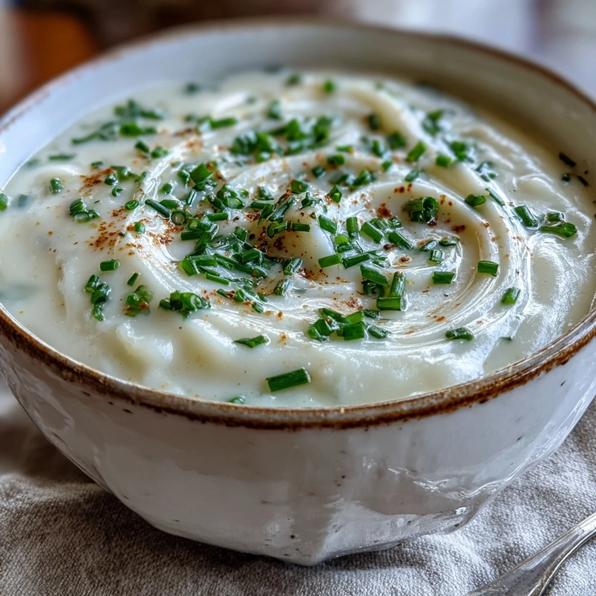 Blended potato leek soup in a rustic bowl, featuring tender leeks and Yukon Gold potatoes.