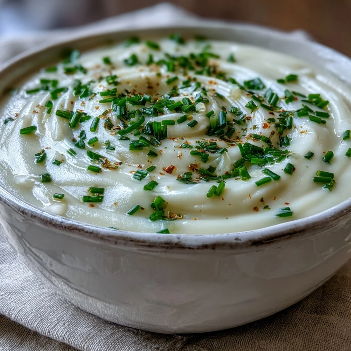 Potato leek soup served hot with a drizzle of olive oil, paired with crusty bread for dipping.  