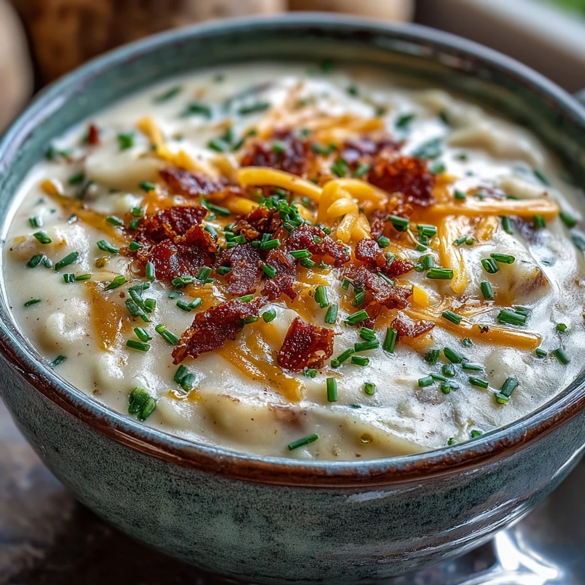 Rich and smooth cream of potato soup in a white ceramic bowl, served alongside crusty bread for dipping.