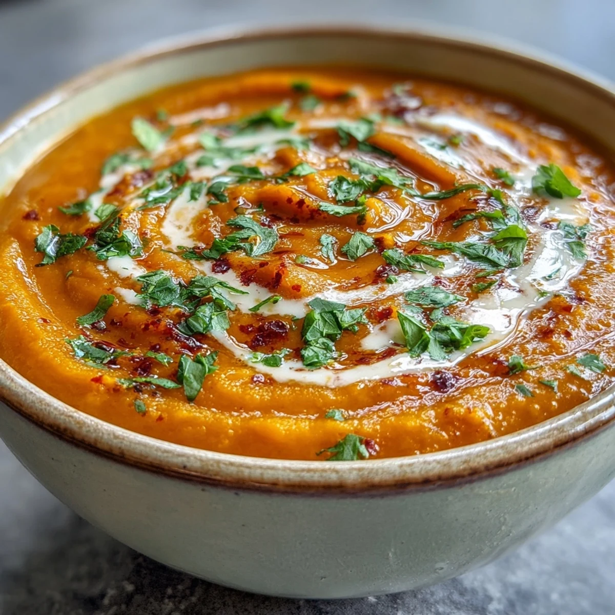 Bright orange Carrot and Lentil Soup served in a rustic bowl, garnished with fresh cilantro and a swirl of coconut cream.