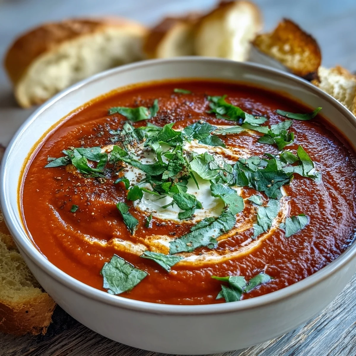 A bowl of vibrant roasted red pepper soup swirled with creamy yogurt, garnished with fresh parsley.  