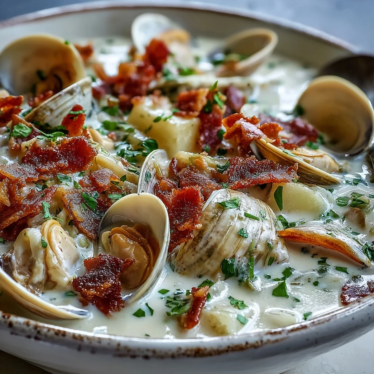 Creamy New England Clam Chowder with tender clams, potatoes, and smoky bacon in a ladle.
