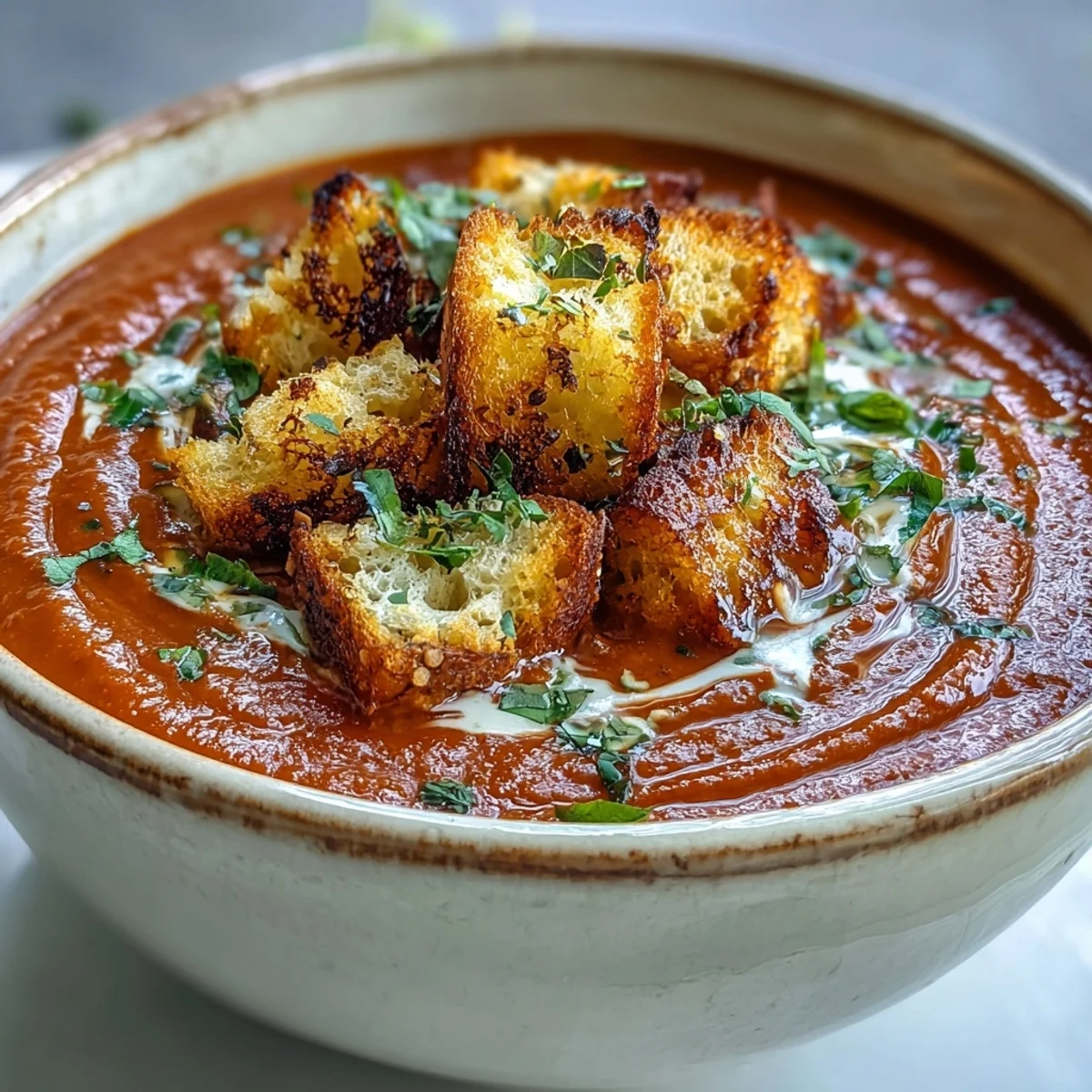 A bowl of vibrant red roasted red pepper soup with crispy croutons and fresh parsley garnish.  