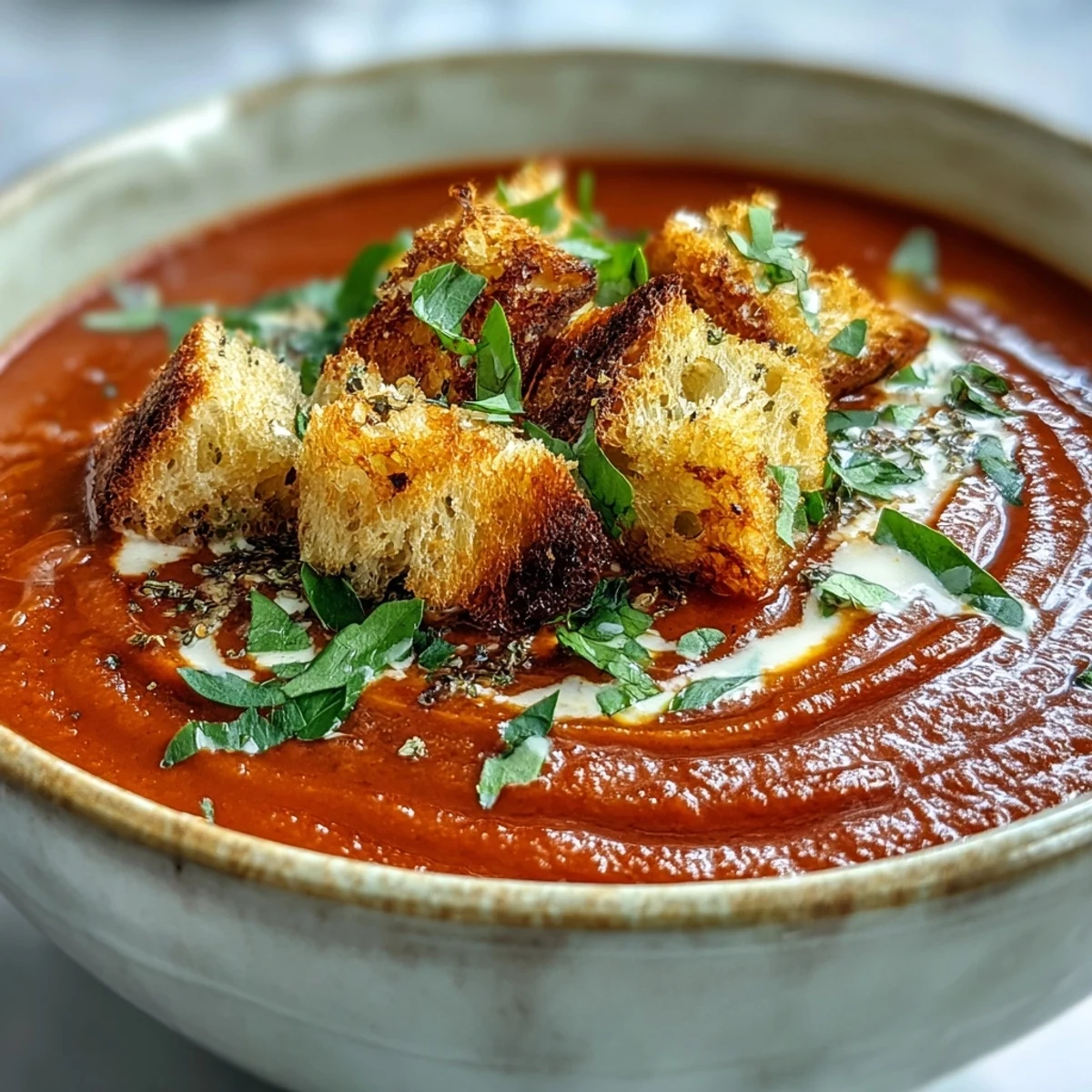 A spoon dipping into velvety roasted red pepper soup beside golden, crunchy croutons.  