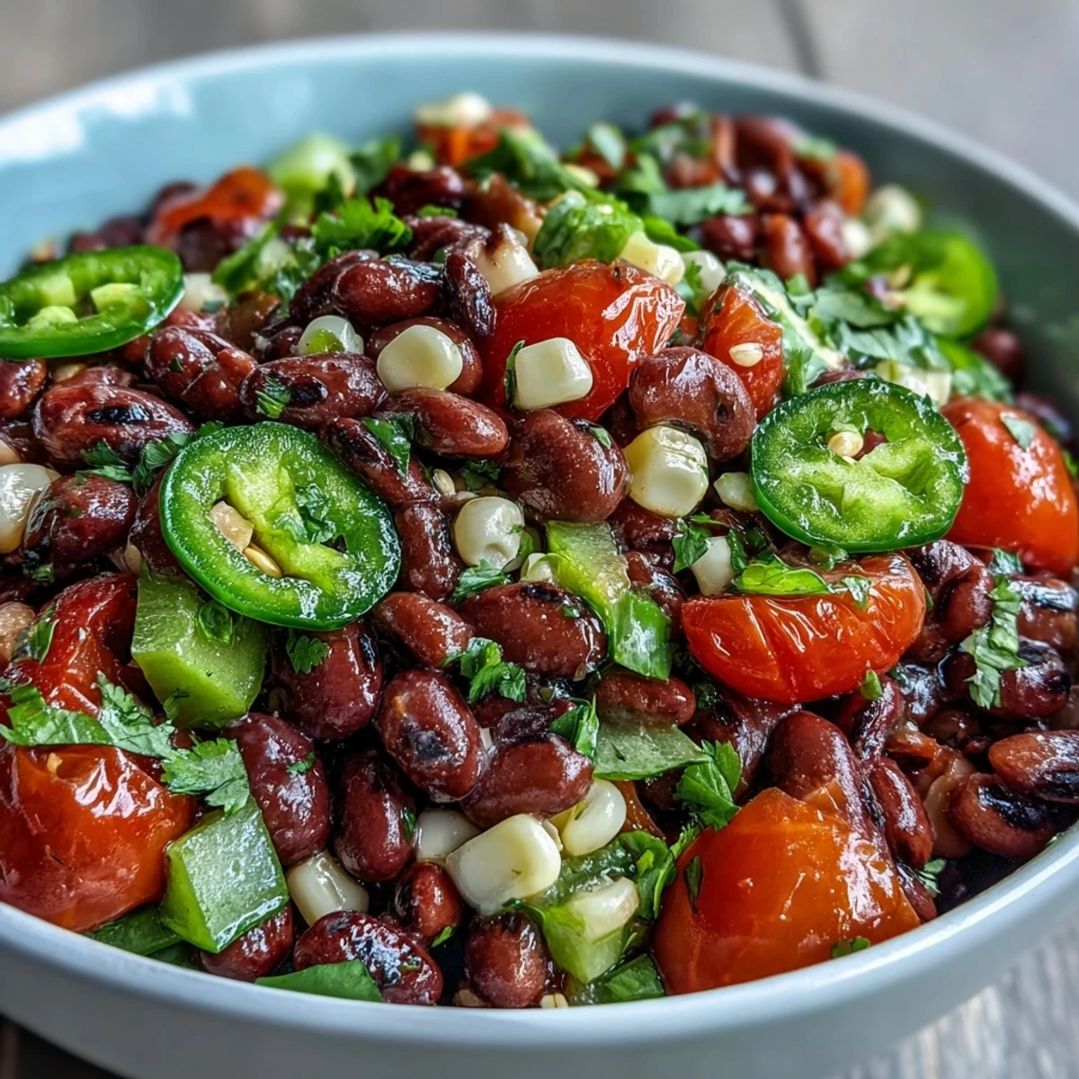 Bright, colorful Cowboy Caviar in a white bowl, featuring black beans, corn, diced peppers, and fresh cilantro ready to serve with tortilla chips.