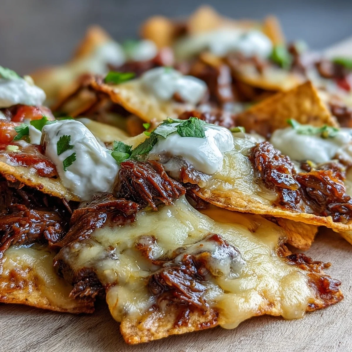 Golden BBQ Beef Nachos topped with melted cheddar, Monterey Jack, pickled jalapeños, and fresh cilantro on a rustic platter.