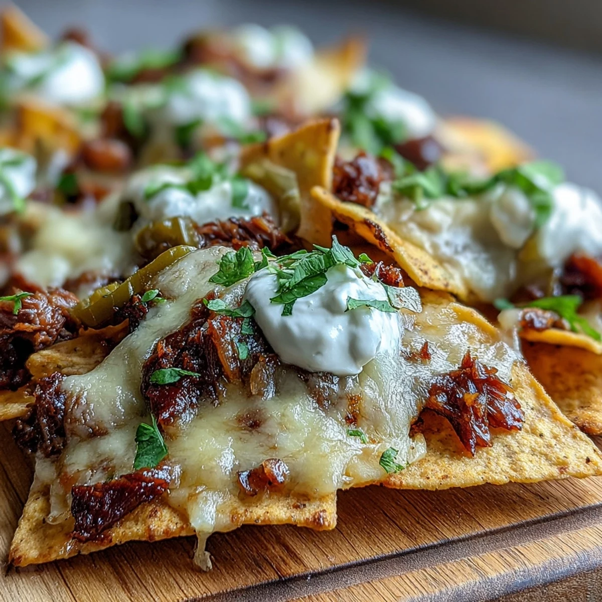 A serving of BBQ Beef Nachos with smoky beef, gooey cheese, and avocado, perfect for a casual party appetizer.