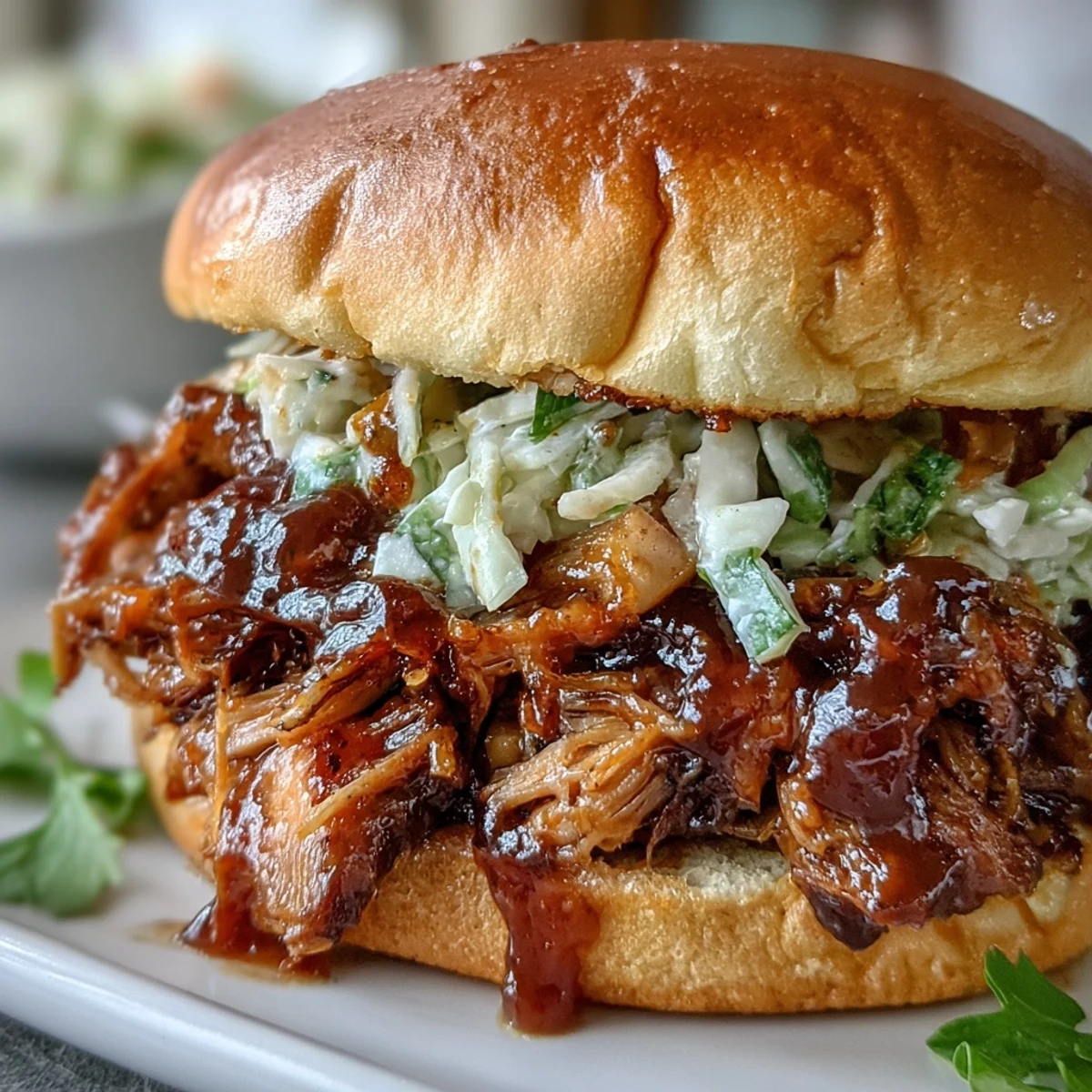 Golden brown Applesauce Pulled Pork Sandwiches stacked high with tender meat on soft buns.