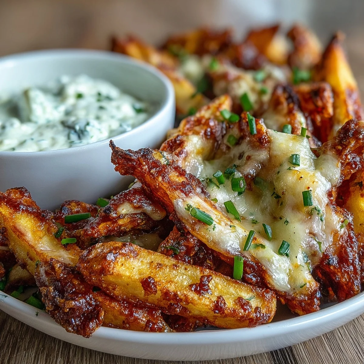 Golden-brown crispy fries smothered in melted cheddar cheese and BBQ seasoning, topped with fresh green onions on a serving platter.