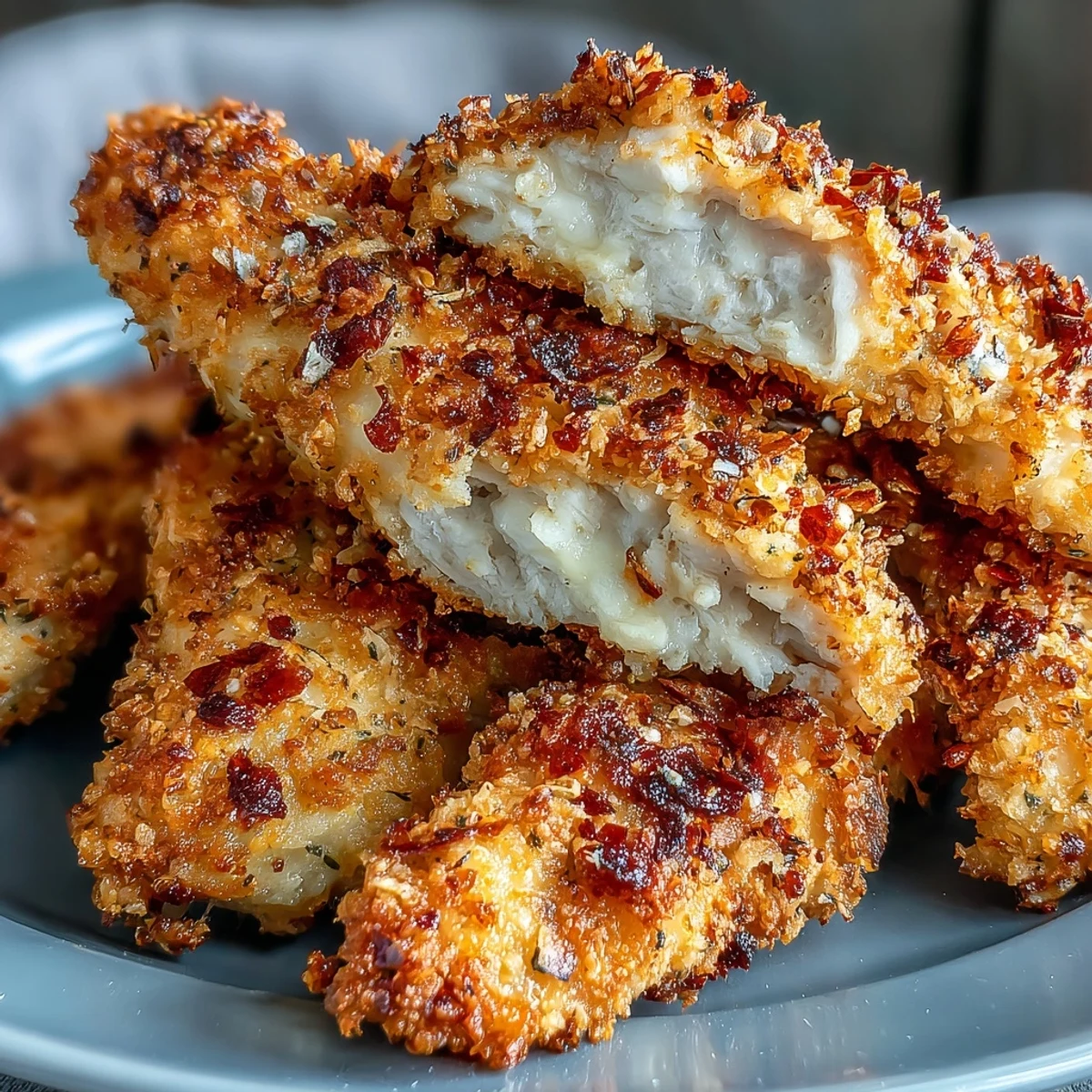Crispy Air Fryer Chicken Strips stacked high on a rustic plate, golden brown and served with a creamy dipping sauce.