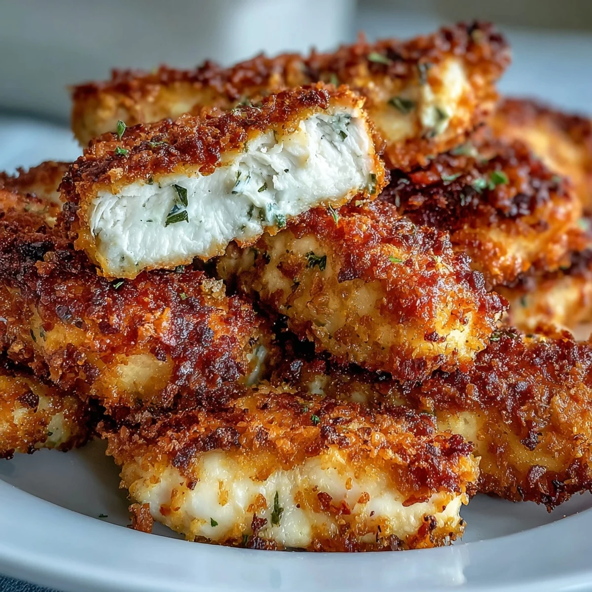 Perfectly cooked Air Fryer Chicken Strips with a juicy interior, ready to eat alongside fresh salad greens.