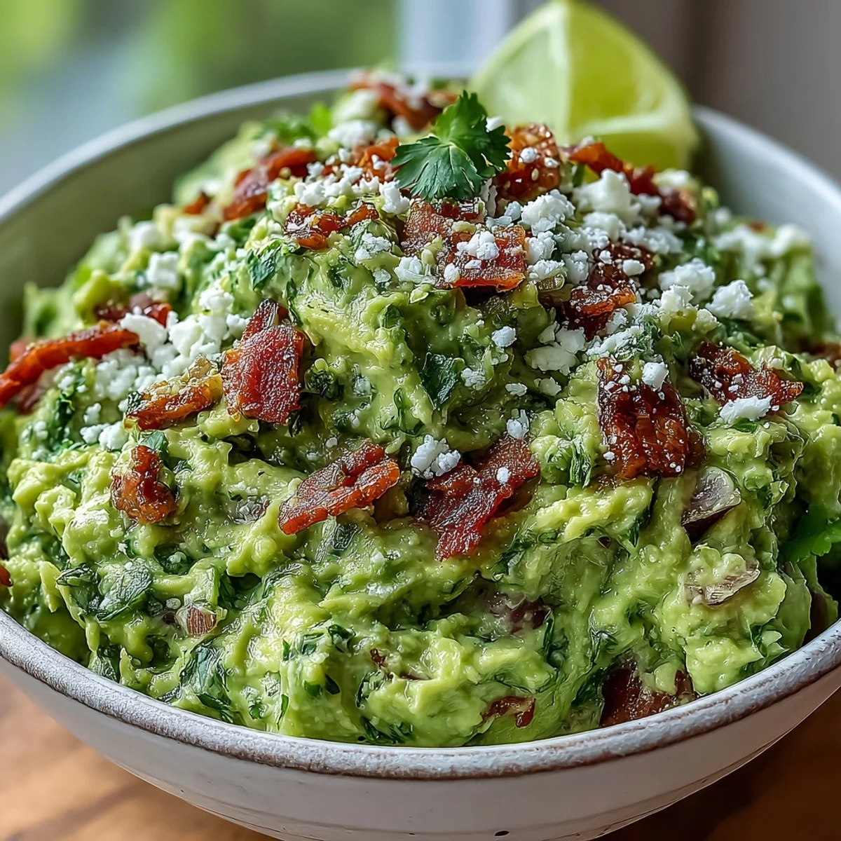 Creamy Bacon Guacamole with Cotija cheese is topped with extra crispy bacon crumbles and fresh cilantro in a rustic bowl.