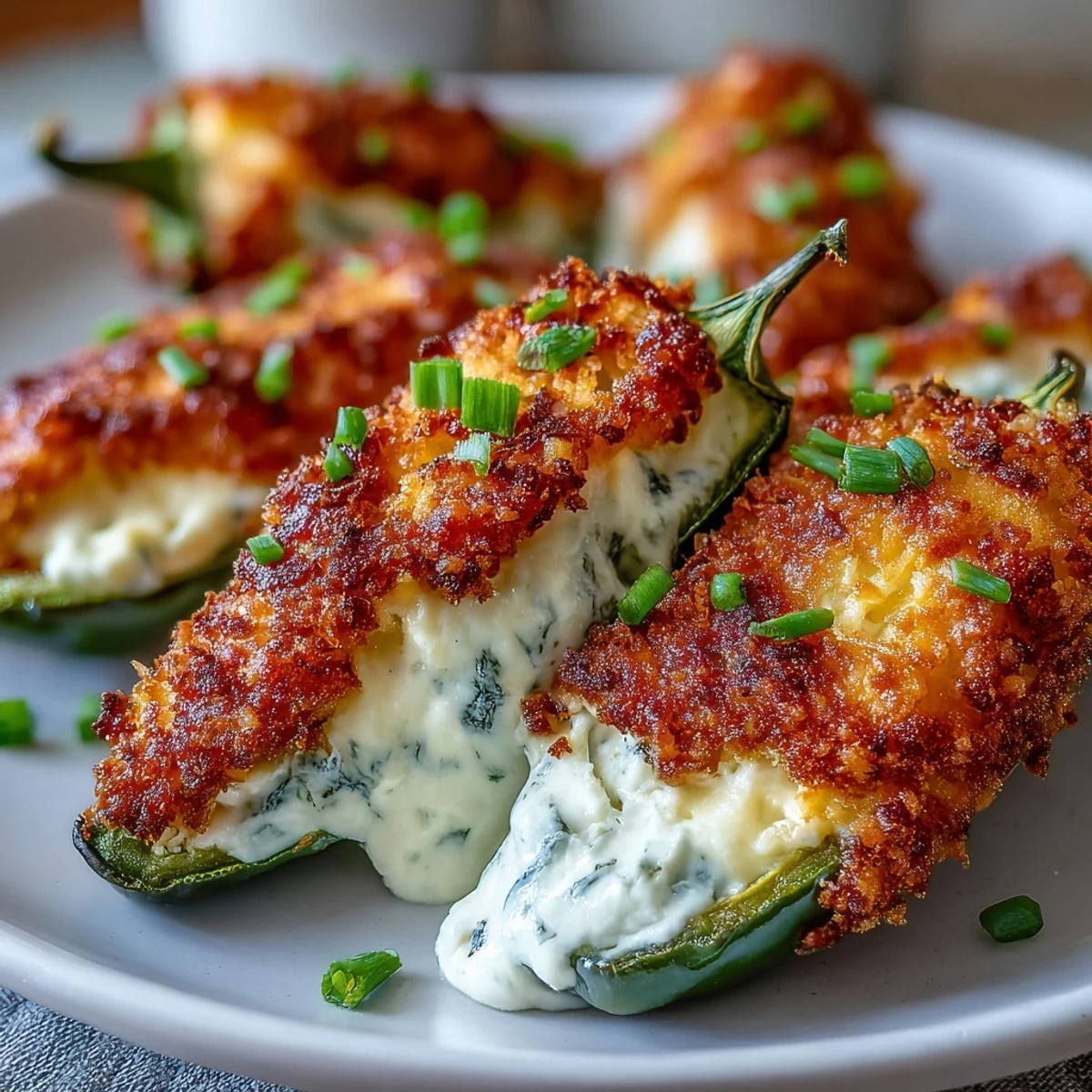 Golden Air Fryer Jalapeño Poppers filled with creamy cheese and topped with crispy breadcrumbs, served warm.