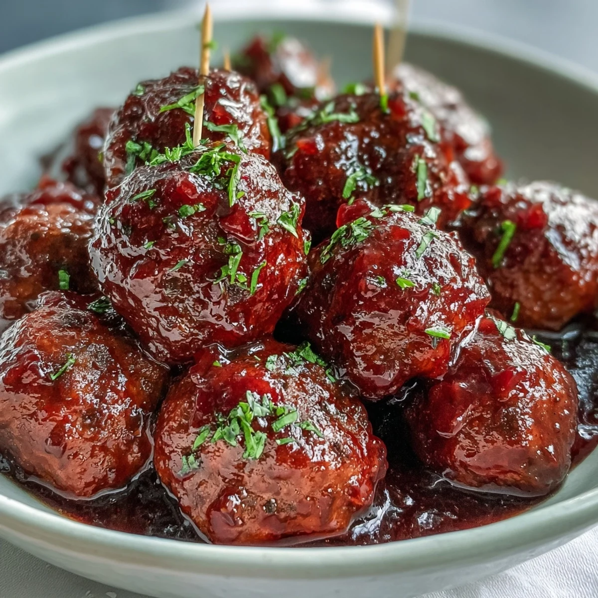Grape Jelly and Chili Sauce Meatballs glazed in a sticky, ruby-red sauce served hot from the slow cooker on a platter with toothpicks for easy party snacking.