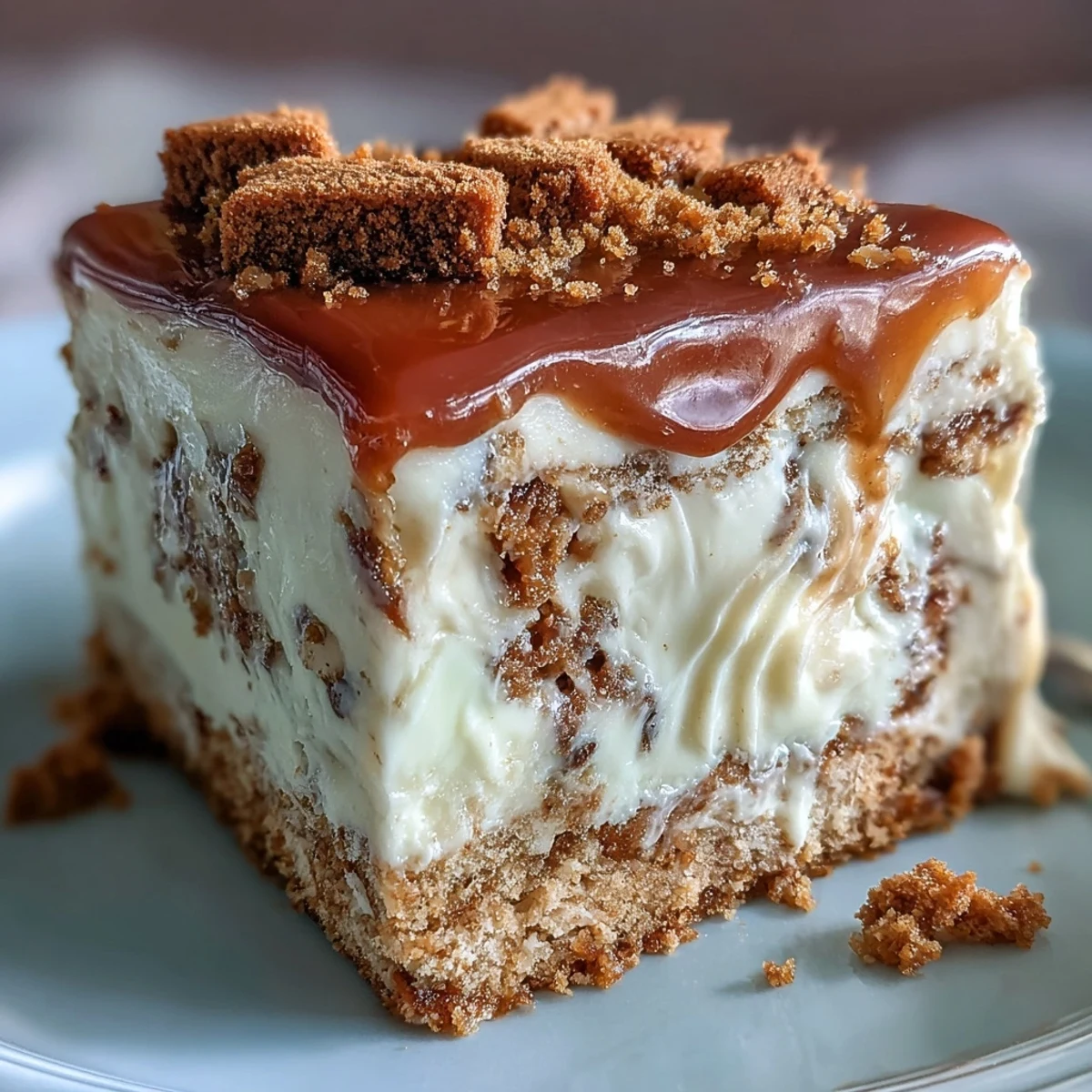 A slice of Decadent Baked Biscoff Cake with Creamy Lotus Frosting reveals a tender vanilla sponge swirled with crunchy Biscoff biscuit pieces.