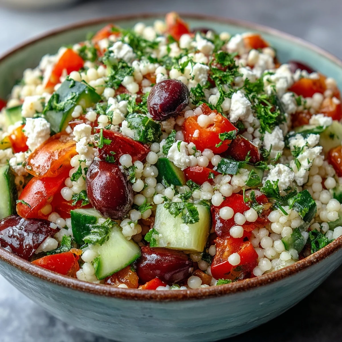 Festive bowl of Mediterranean Pearl Couscous with feta and parsley.