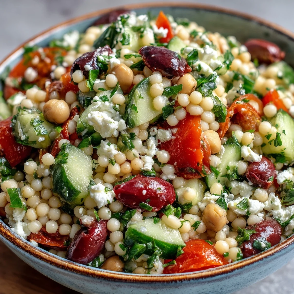 Close-up of Mediterranean Pearl Couscous tossed with bright veggies and olives.