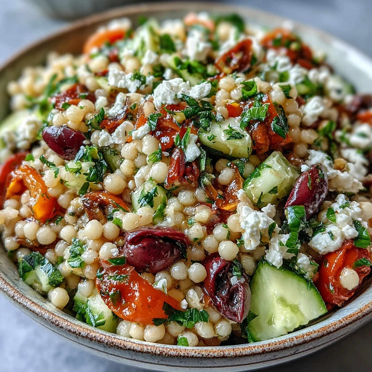 Freshly tossed Mediterranean Pearl Couscous salad served in a rustic bowl.
