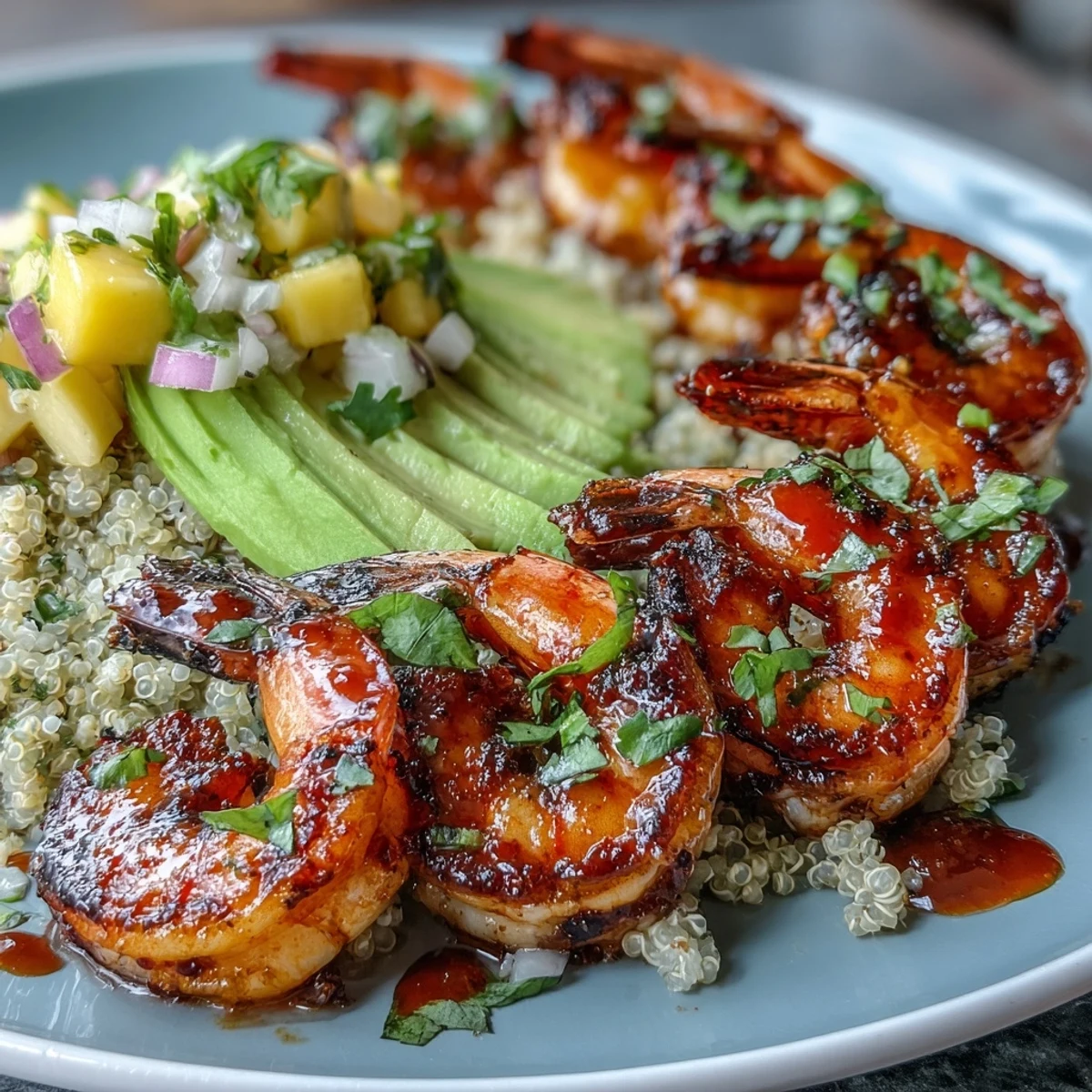 Tangy lime chili sauce drizzles over smoky grilled shrimp, nestled next to creamy avocado and bright mango salsa in these Fresh Shrimp and Creamy Avocado Bowls.