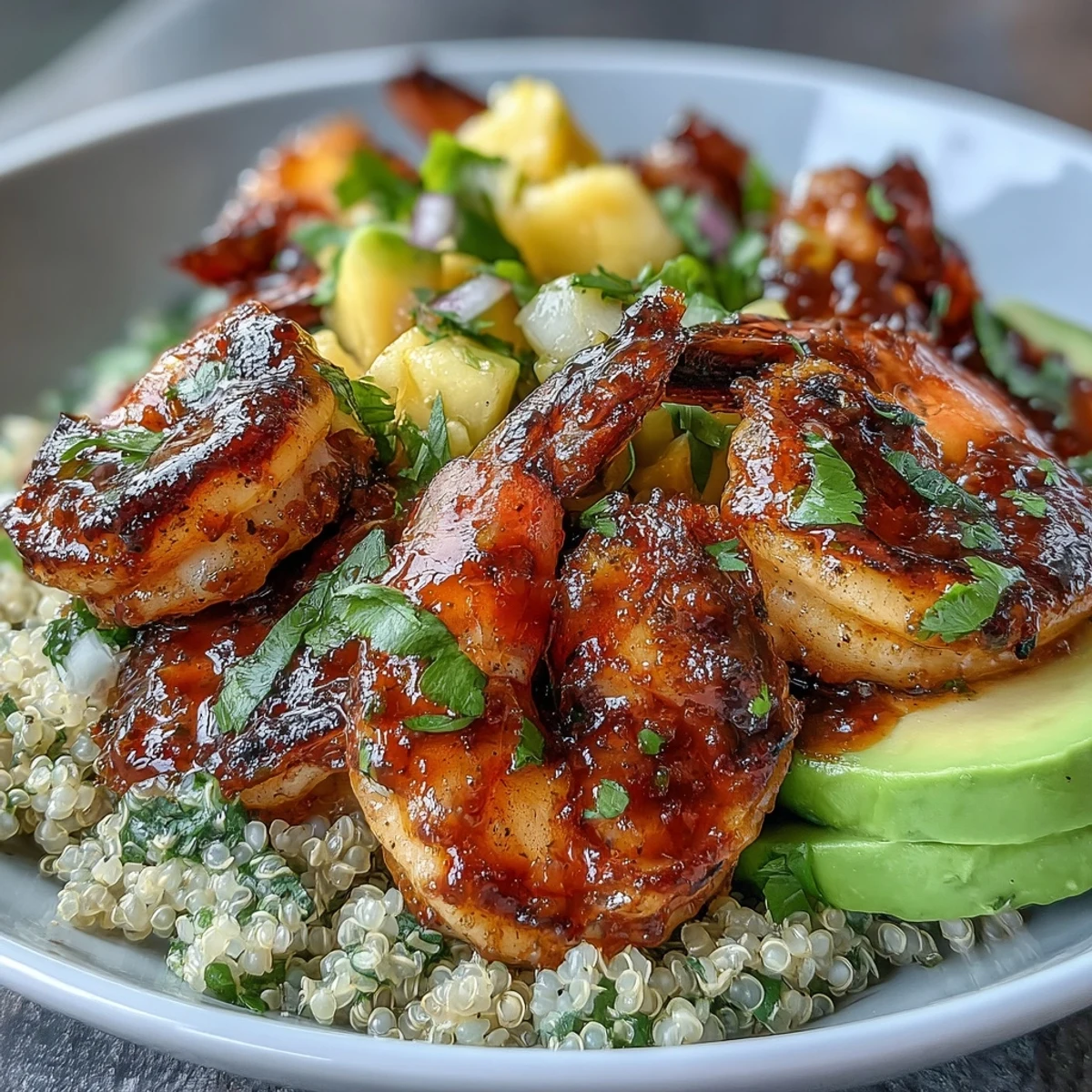 A close-up shows sliced avocado and juicy mango salsa topping Fresh Shrimp and Creamy Avocado Bowls, with lime wedges for a zesty garnish.