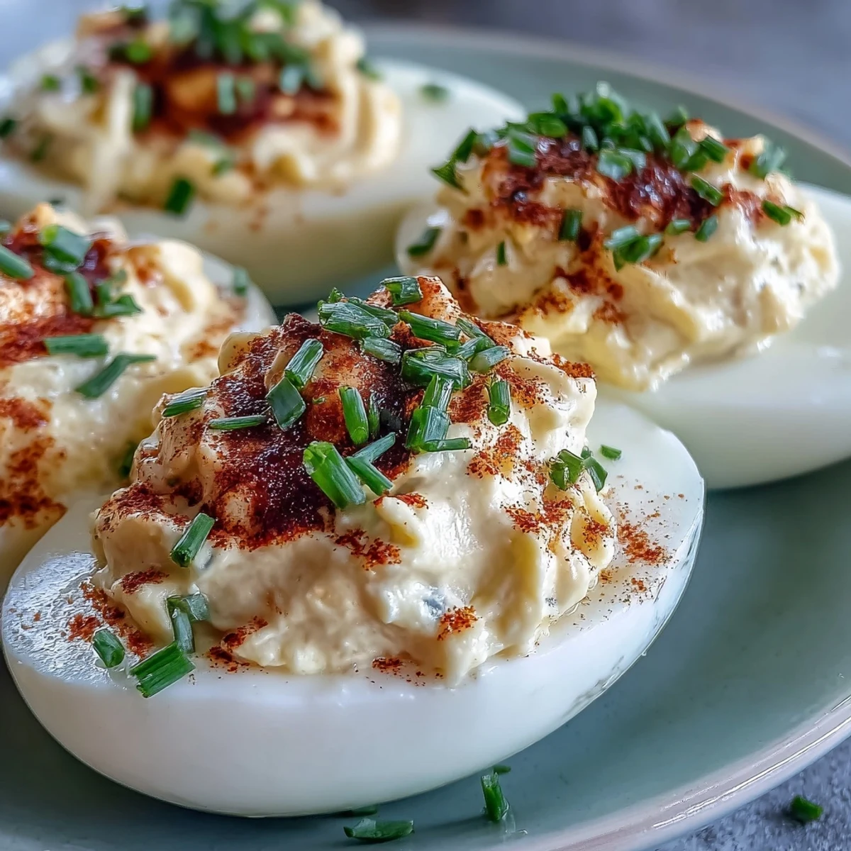 Million Dollar Deviled Eggs garnished with paprika and fresh chives, halved egg whites filled with creamy, tangy yolk mixture on a platter.