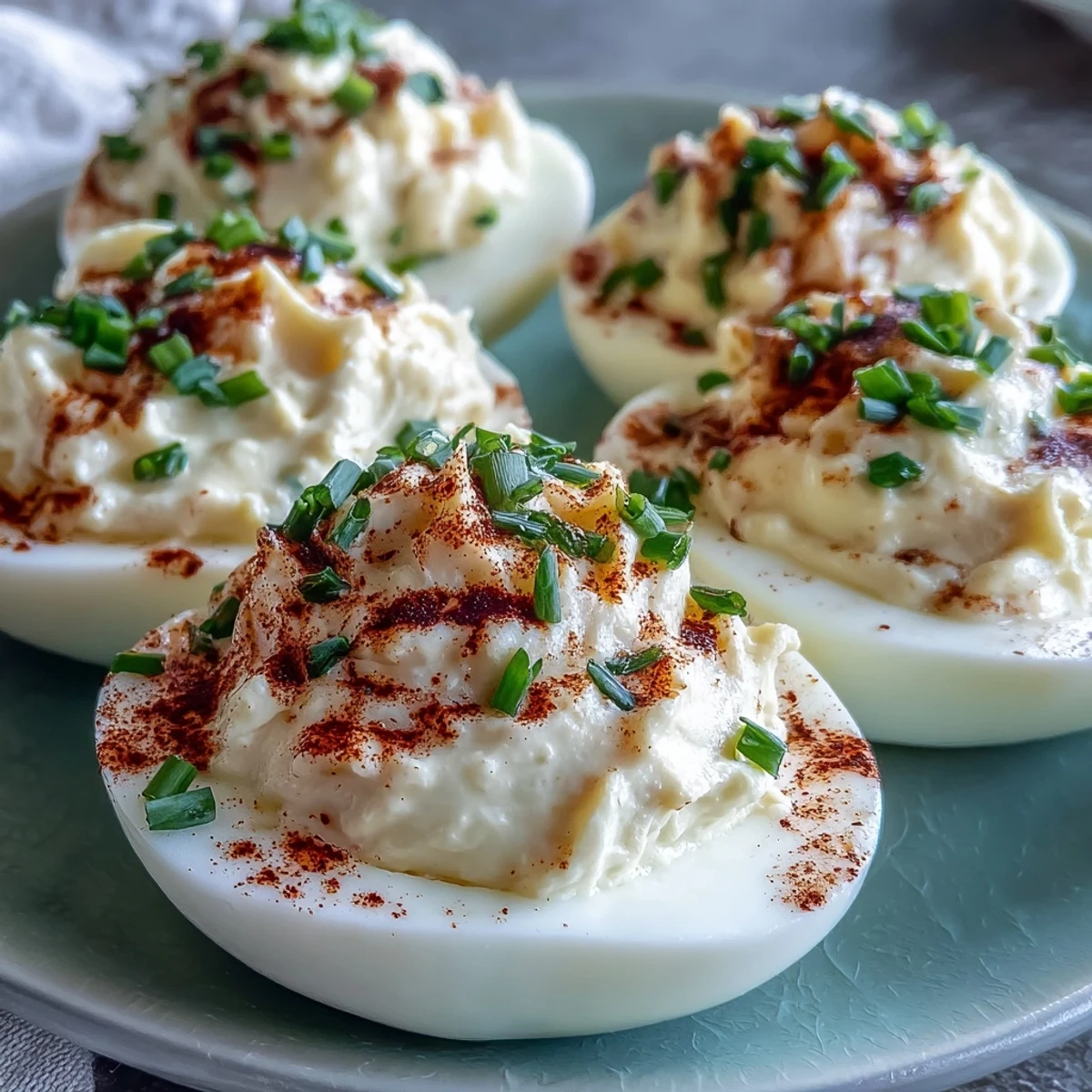 Creamy Million Dollar Deviled Eggs served chilled on a white platter, extra chives and paprika highlighting the smooth, flavorful filling.