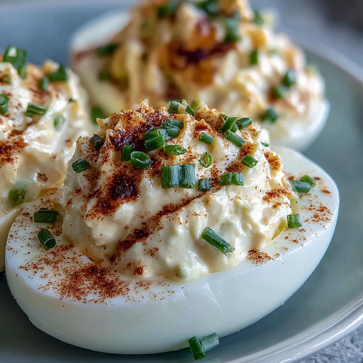 Golden yolks whipped into velvety Million Dollar Deviled Eggs, garnished with chives and paprika, arranged neatly for a party appetizer spread.