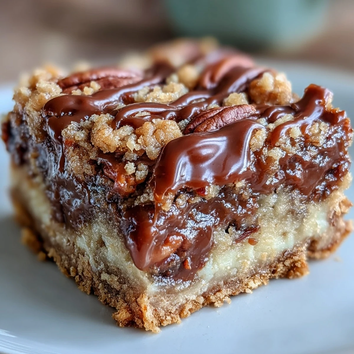Golden-brown Decadent Sweet and Chewy Turtle Bars with gooey caramel and melted chocolate.