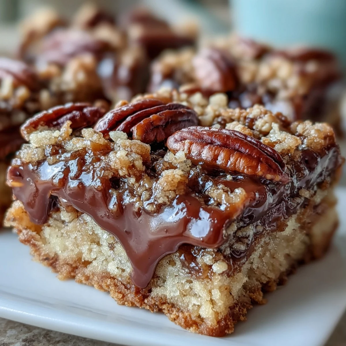 Pecan-studded Decadent Sweet and Chewy Turtle Bars served warm with vanilla ice cream.